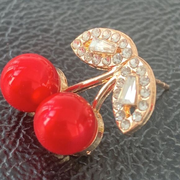 Sweet Red Cherry Earrings Summer Fruit Salad Crystal Cubic Zirconia Drop NEW - Picture 6 of 9